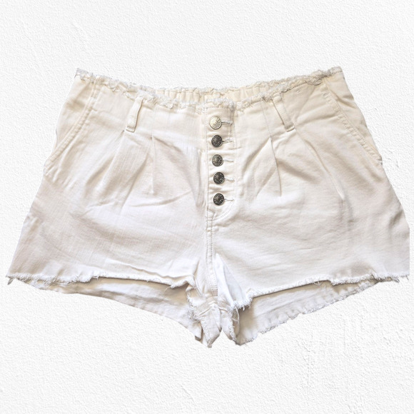 Express White High Waisted Paper Bag Cut Off Raw Hem Denim Shorts Size 8 - Picture 1 of 10